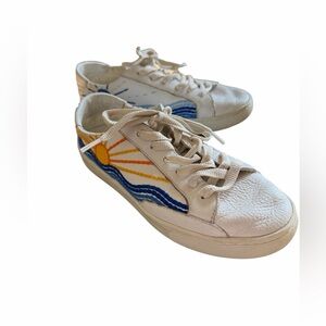 Soludos Leather Sneakers Women 7.5 Embroidered Sun Ocean Waves Lace Up White